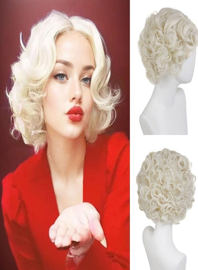 GNIMEGIL Light Blonde Curly Wigs for Women 1920s Vintage Hairstyle Wig with Side Bangs Halloween Costume for Woman Synthetic Hair - Image 1